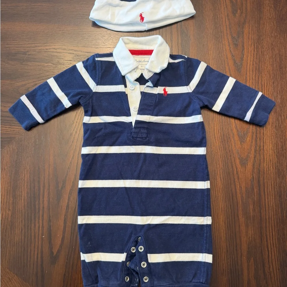 Ralph Lauren Baby Polo Rugby Striped Romper Hat Set 3M Navy White Cotton